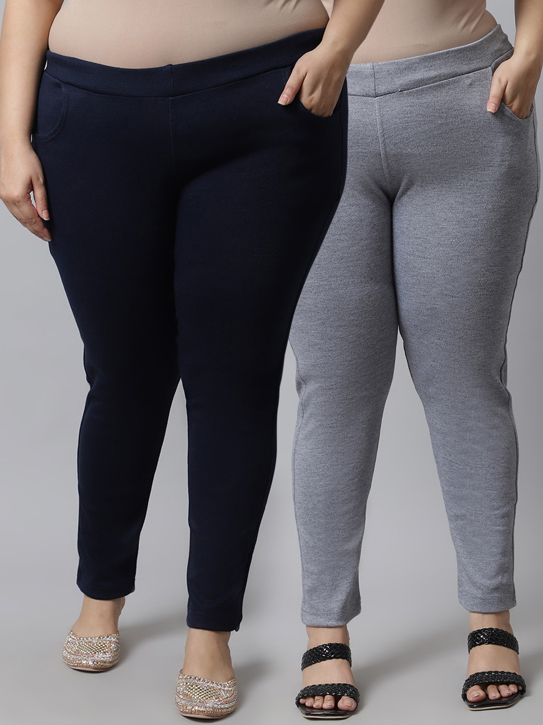 

TAG 7 PLUS Women Plus Size Pack Of 2 Grey & Navy Blue Solid Ankle Length Leggings