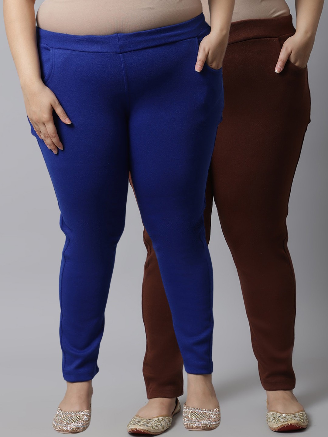 

TAG 7 PLUS Plus Size Women Pack of 2 Brown & Blue Solid Ankle-Length Leggings