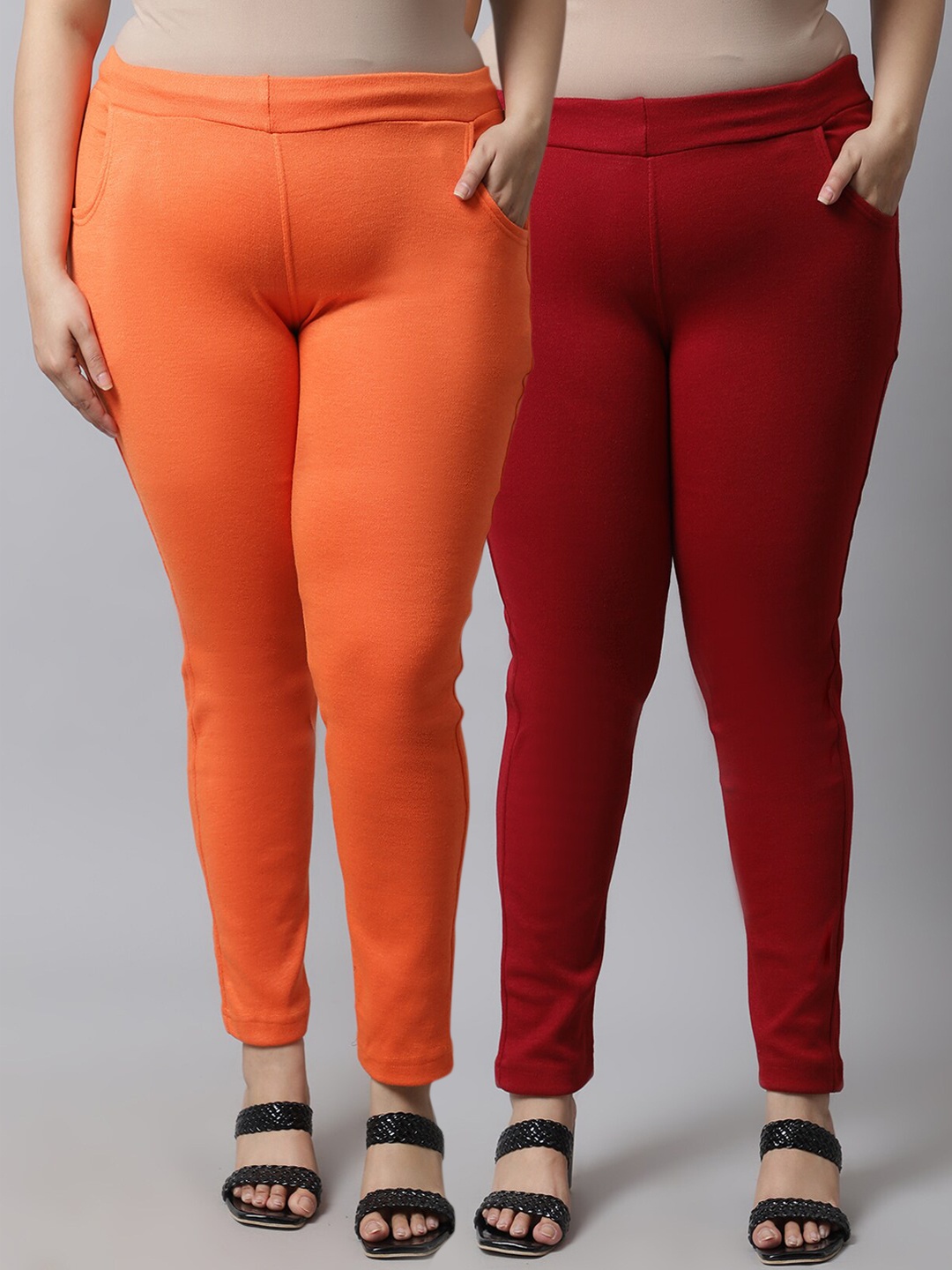 

TAG 7 PLUS Women Plus Size Pack Of 2 Orange & Red Solid Woolen Ankle Length Leggings