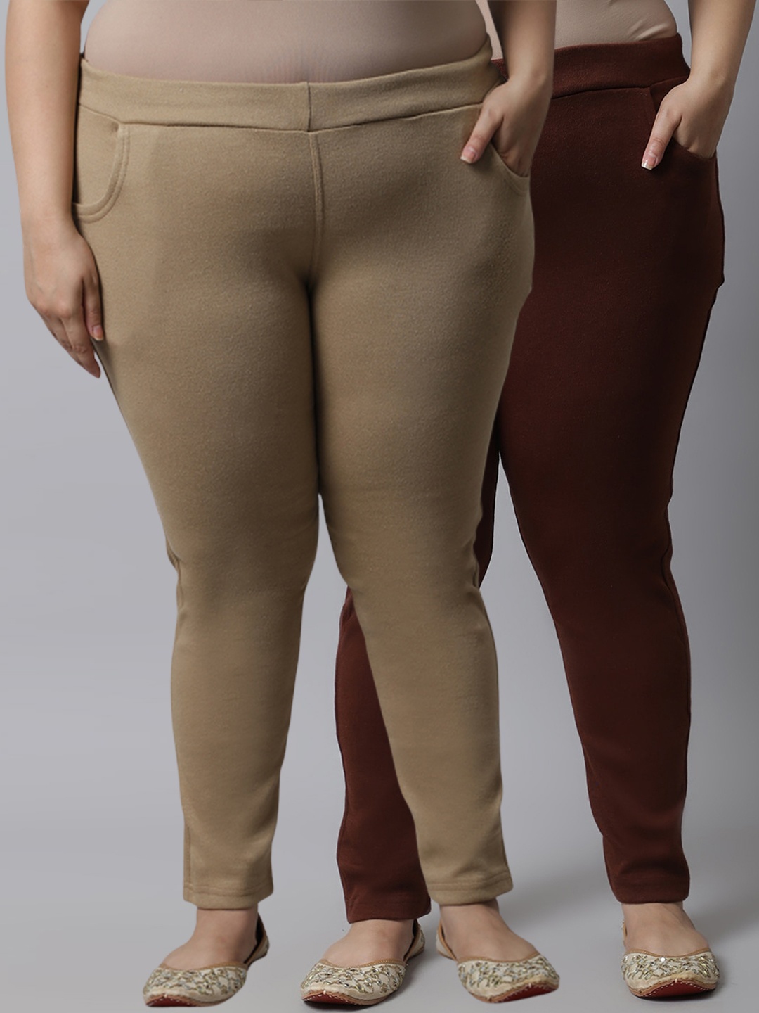 

TAG 7 PLUS Plus Size Women Pack of 2 Brown & Beige Solid Woolen Leggings