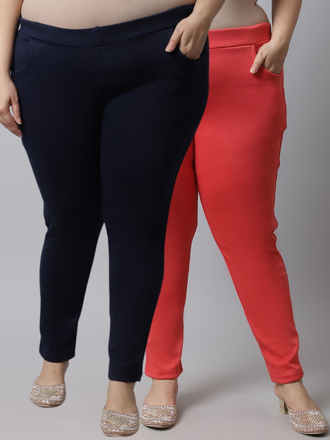 

TAG 7 PLUS Women Plus Size Pack of 2 Peach & Black Solid Woolen Leggings