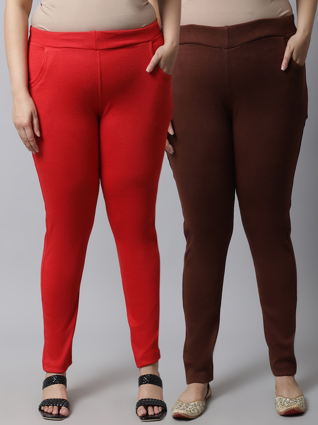 

TAG 7 PLUS Plus Size Women Pack Of 2 Solid Ankle Length Leggings, Brown