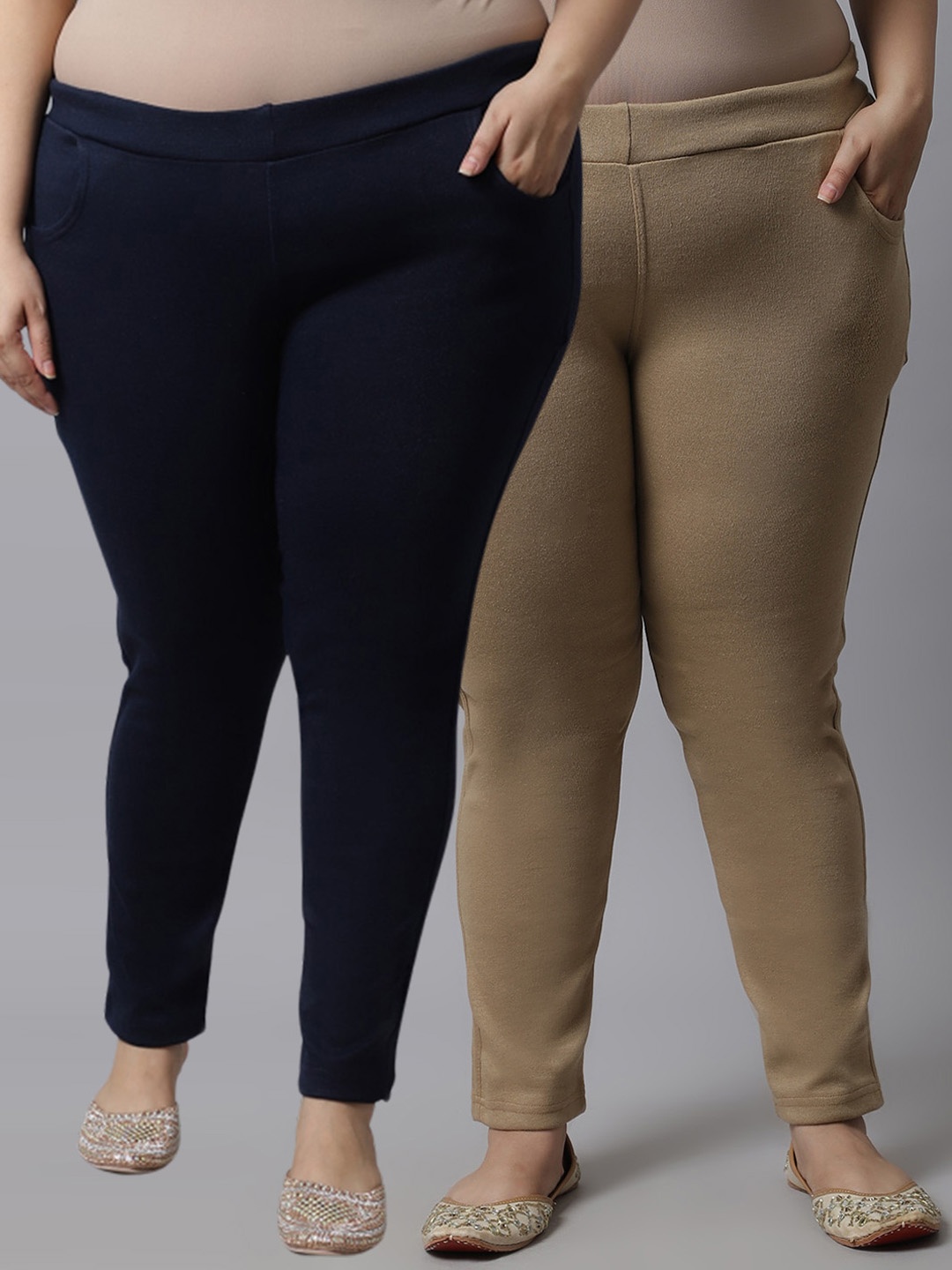

TAG 7 PLUS Women Plus Size Pack Of 2 Solid Ankle-Length Leggings, Beige