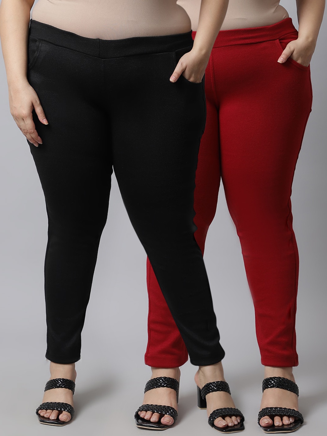 

TAG 7 PLUS Women Plus Size Pack Of 2 Solid Ankle Length Woolen Leggings, Black