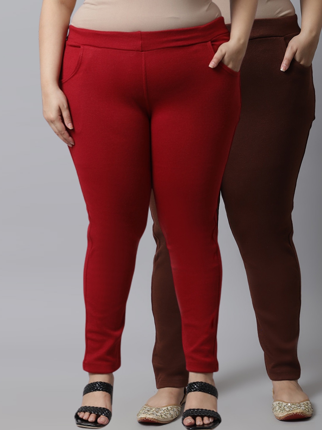 

TAG 7 PLUS Plus Size Women Pack Of 2 Solid Ankle-Length Leggings, Brown