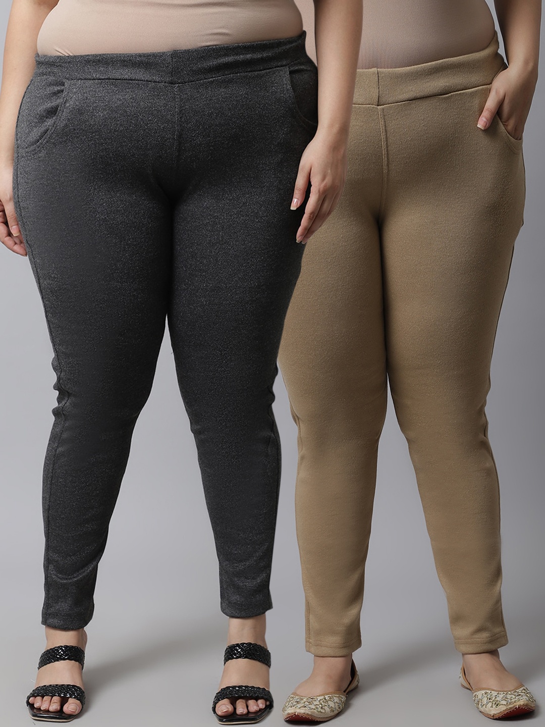 

TAG 7 PLUS Women Plus Size Pack Of 2 Grey & Brown Solid Leggings