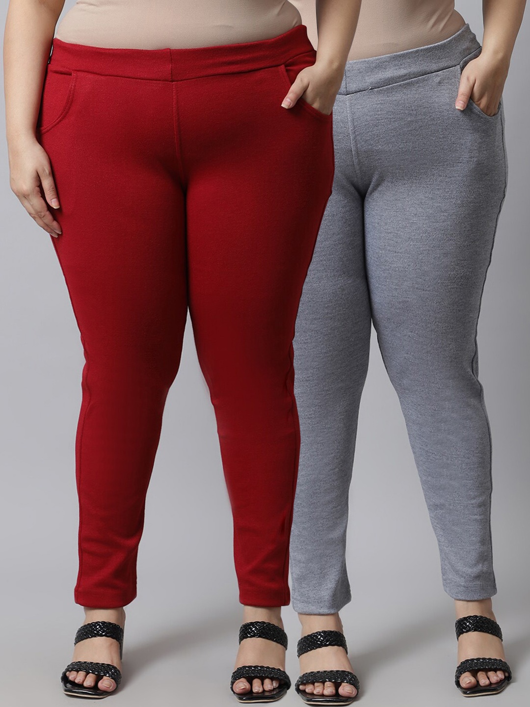 

TAG 7 PLUS Women Plus Size Pack Of 2 Solid Ankle Length Leggings, Grey