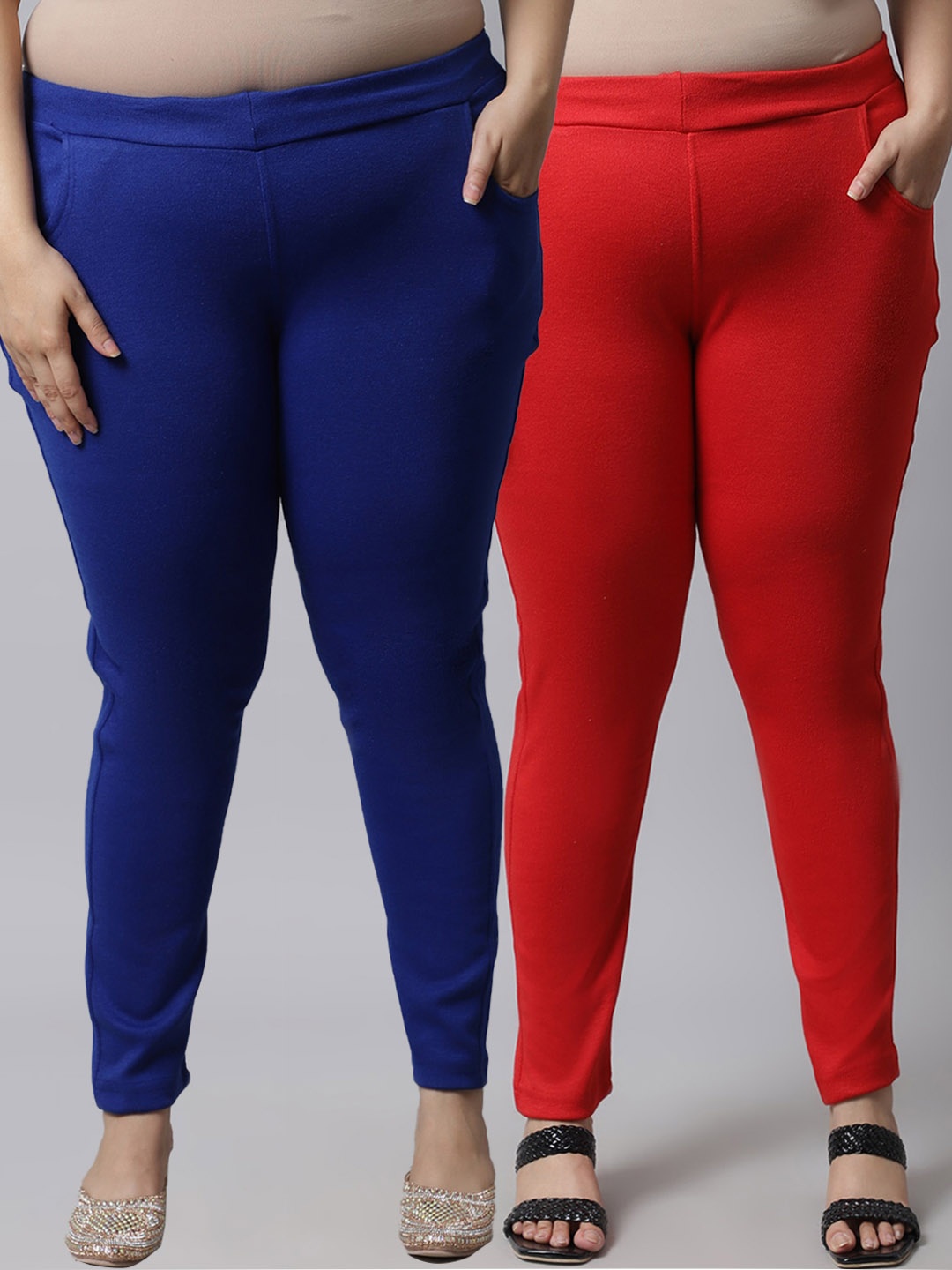

TAG 7 PLUS Women Plus Size Pack of 2 Red & Blue Solid Ankle-Length Leggings