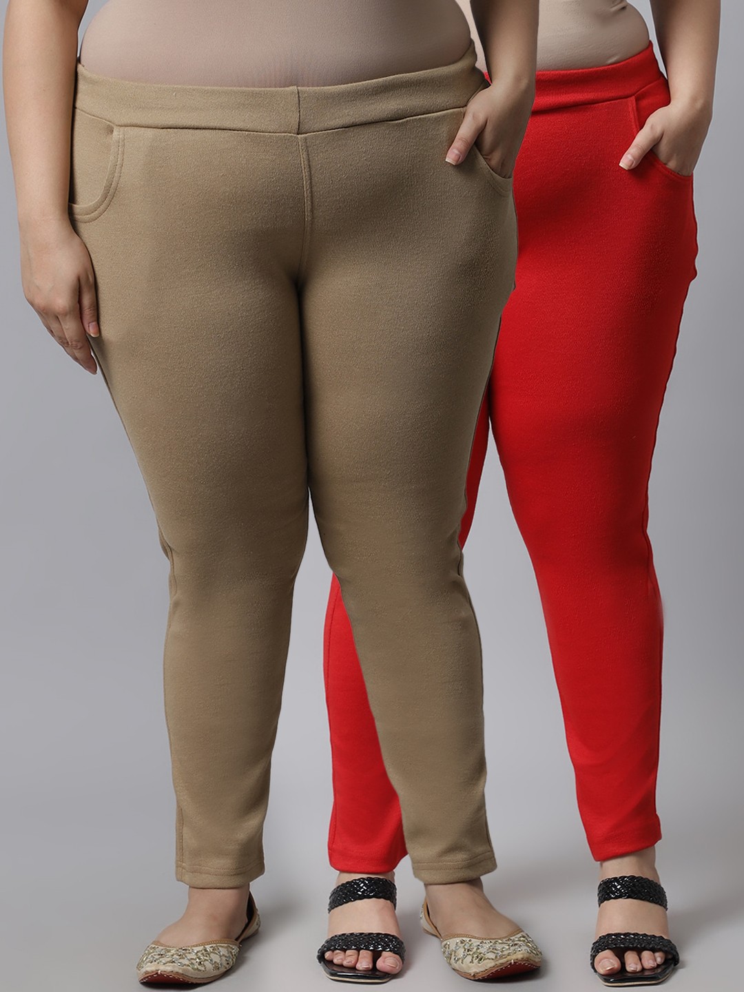 

TAG 7 PLUS Women Plus Size Pack Of 2 Solid Ankle-Length Leggings, Beige