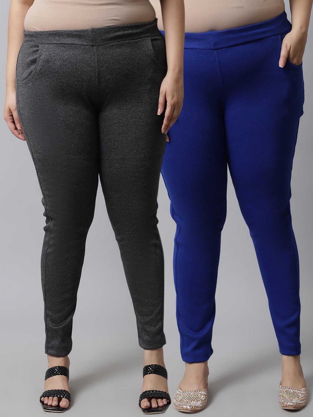 

TAG 7 PLUS Women Plus Size Pack Of 2 Grey & Blue Solid Ankle-Length Leggings