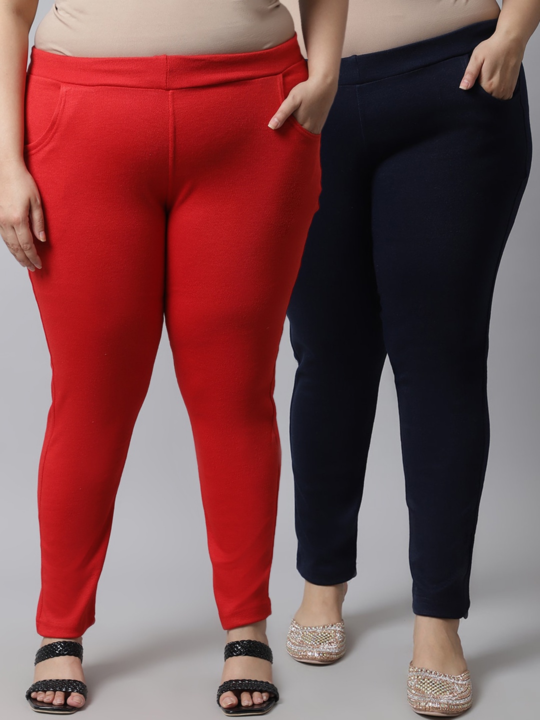 

TAG 7 PLUS Women Plus Size Pack Of 2 Solid Ankle Length Woolen Leggings, Red