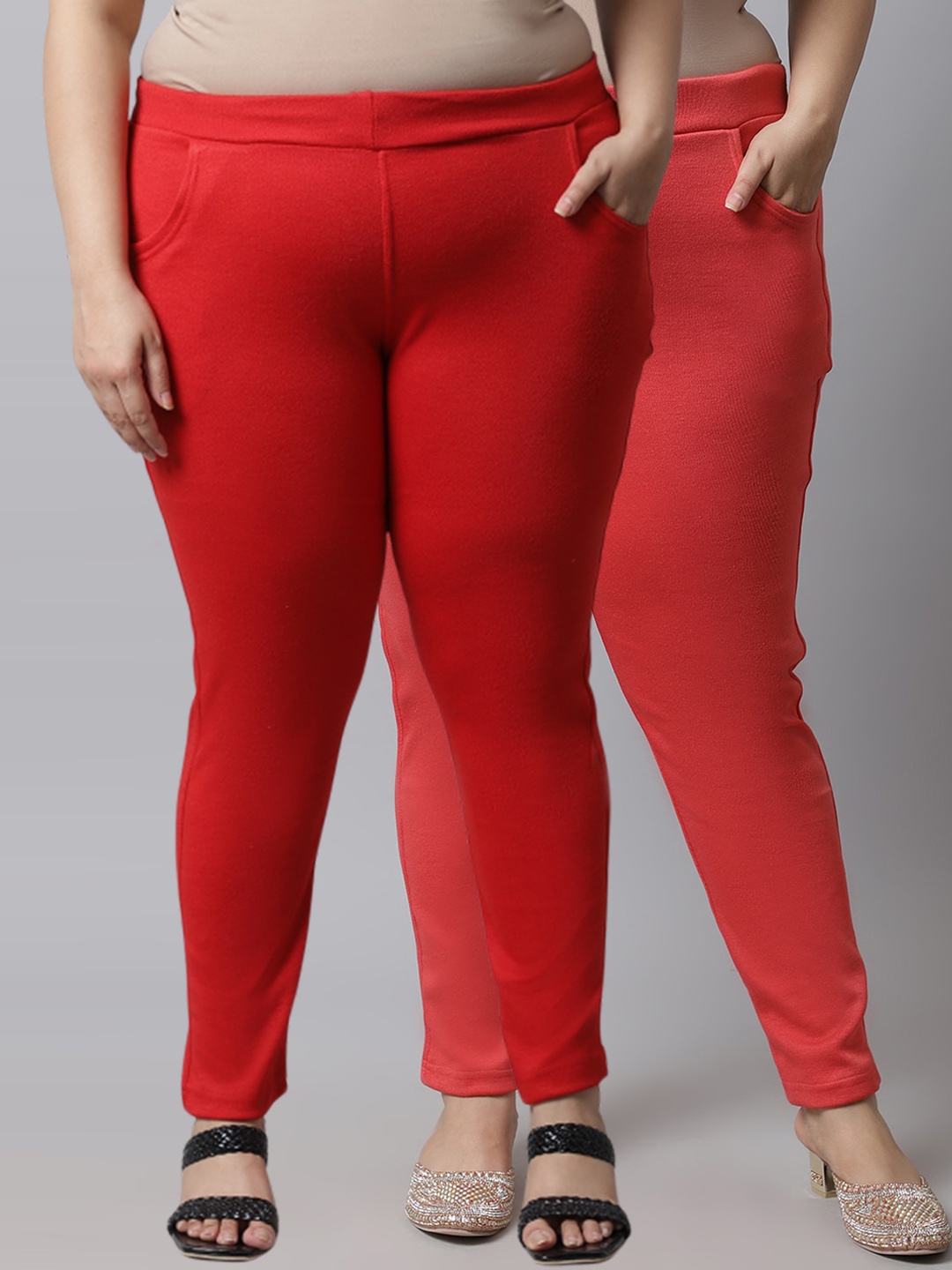 

TAG 7 PLUS Women Plus Size Pack of 2 Solid Woolen Leggings, Peach