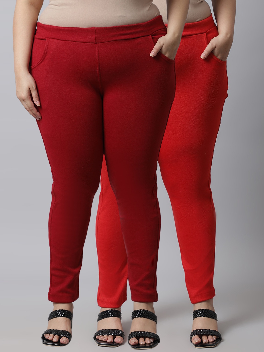

TAG 7 PLUS Plus Size Women Pack of 2 Red & Maroon Solid Leggings
