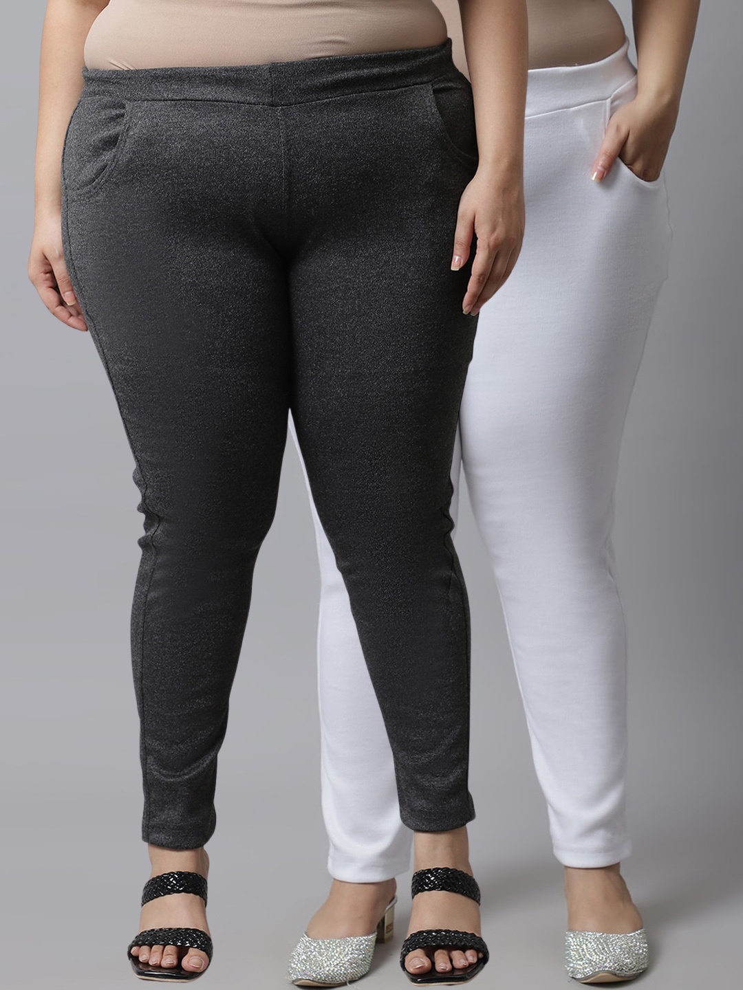 

TAG 7 PLUS Women Plus Size Pack Of 2 Solid Ankle-Length Leggings, Grey