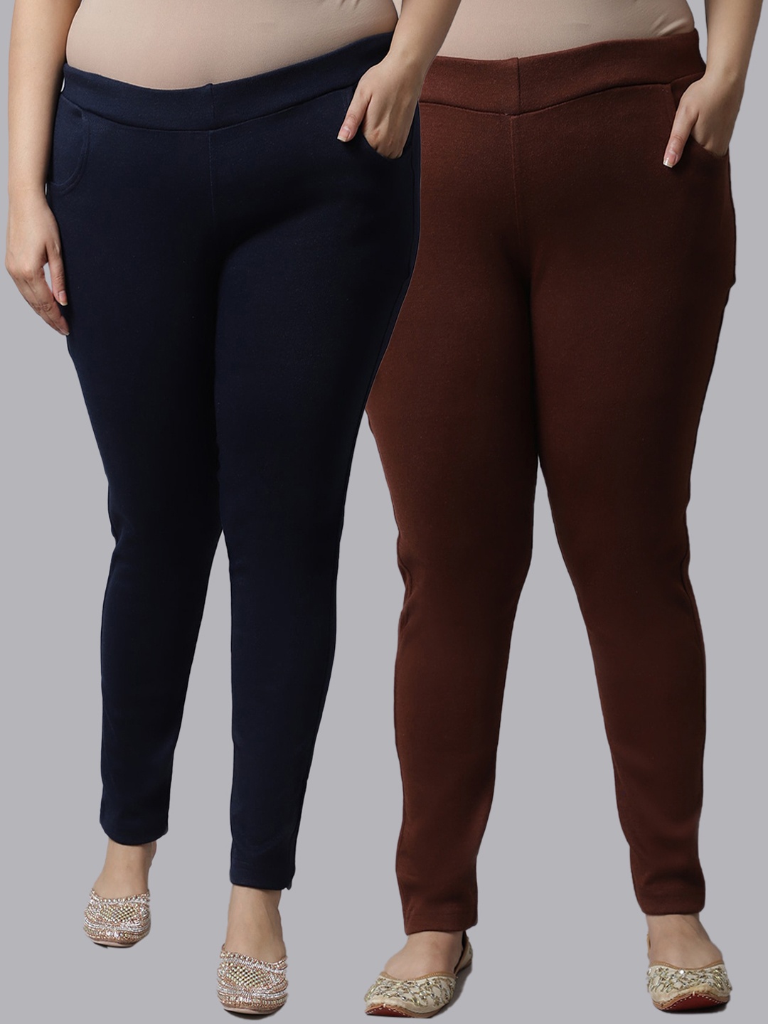 

TAG 7 PLUS Plus Size Women Pack of 2 Brown & Navy Blue Solid Ankle-Length Leggings