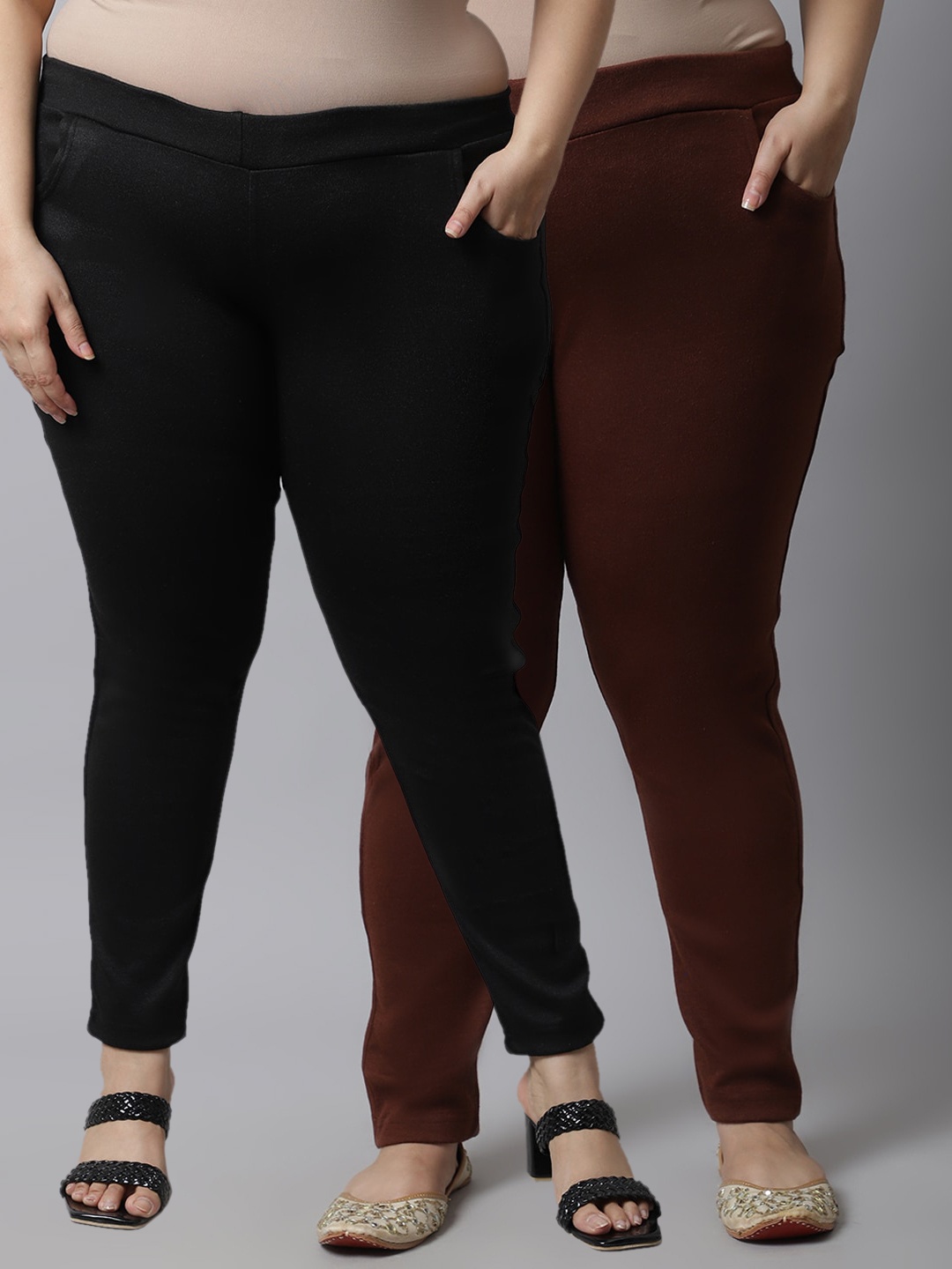 

TAG 7 PLUS Women Plus Size Pack Of 2 Brown & Black Solid Ankle Length Leggings