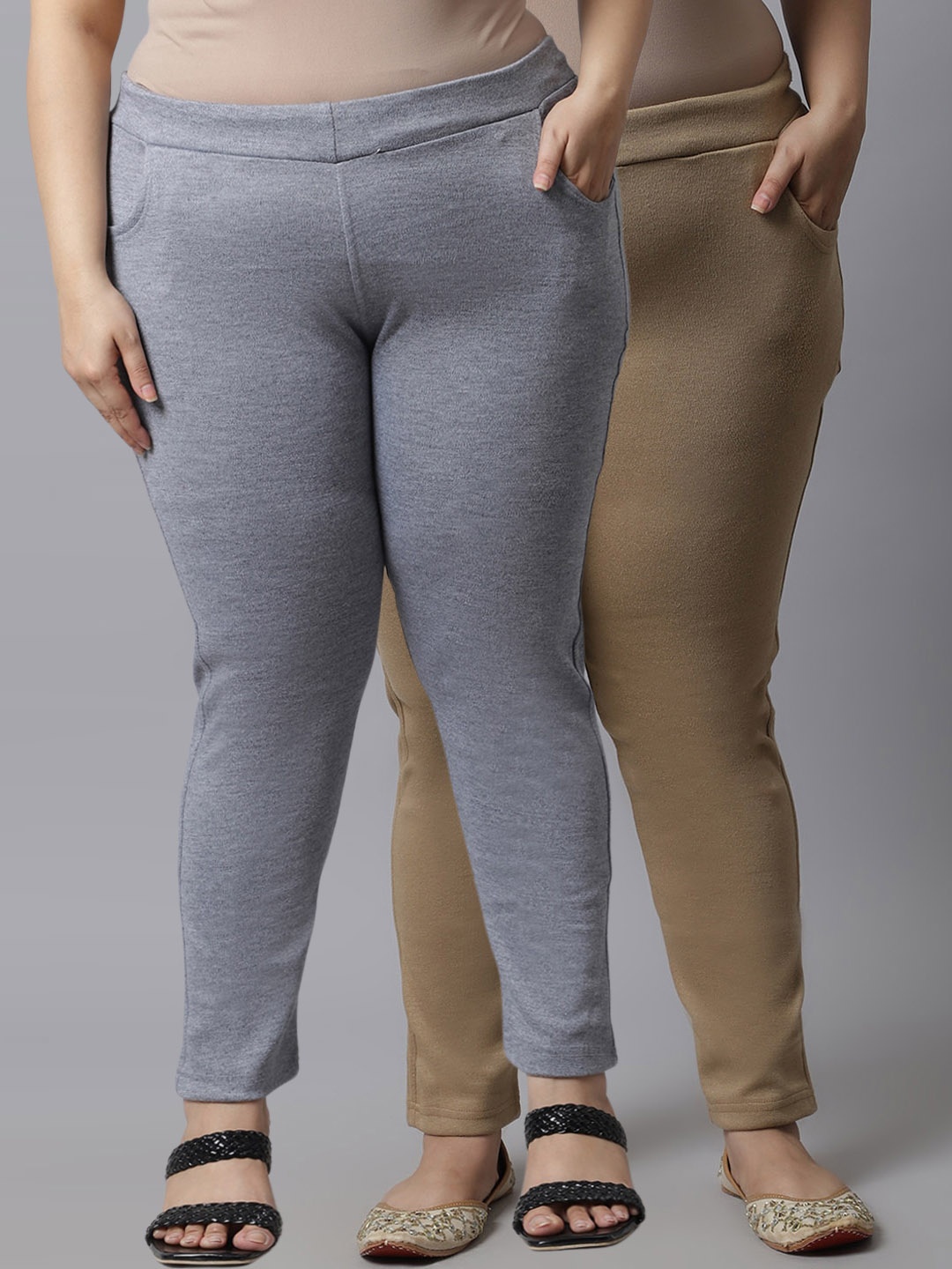 

TAG 7 PLUS Plus Size Women Pack Of 2 Beige &Grey Ankle Length Leggings
