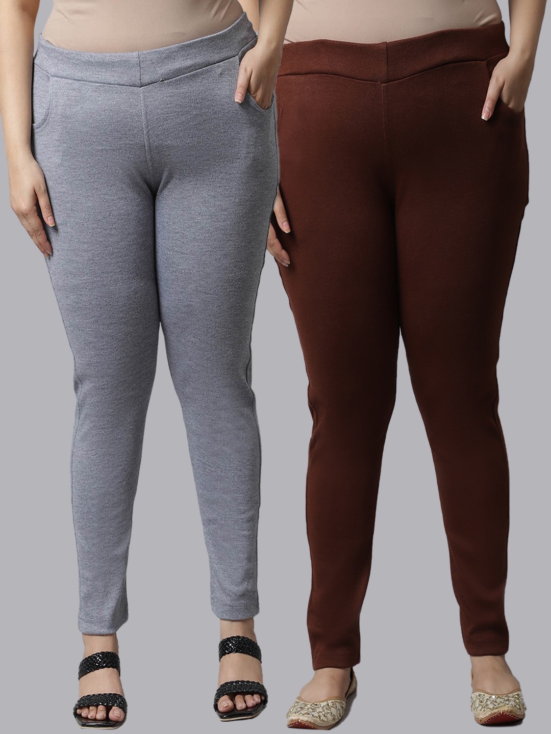

TAG 7 Women Plus Size Pack Of 2 Brown & Grey Solid Ankle-Length Leggings