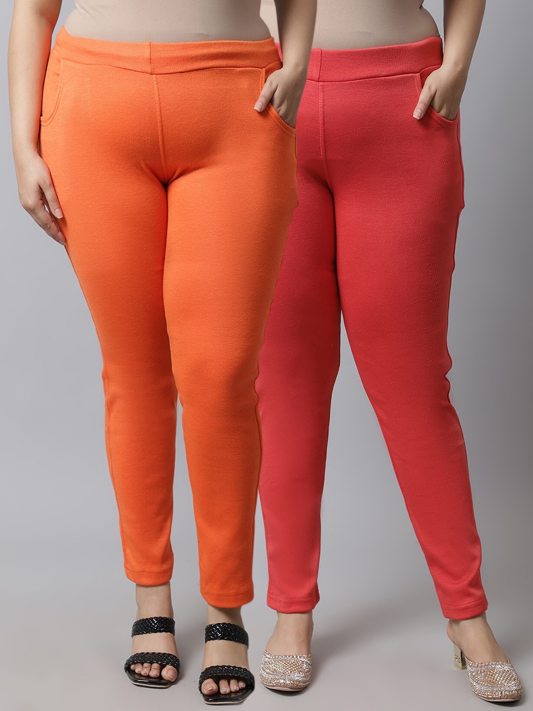 

TAG 7 PLUS Women Plus Size Pack Of 2 Orange & Red Solid Ankle-Length Leggings