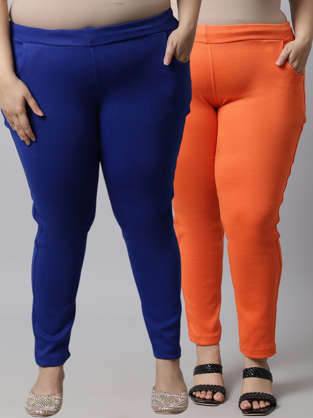 

TAG 7 PLUS Women Plus Size Pack Of 2 Orange & Blue Solid Ankle-Length Leggings
