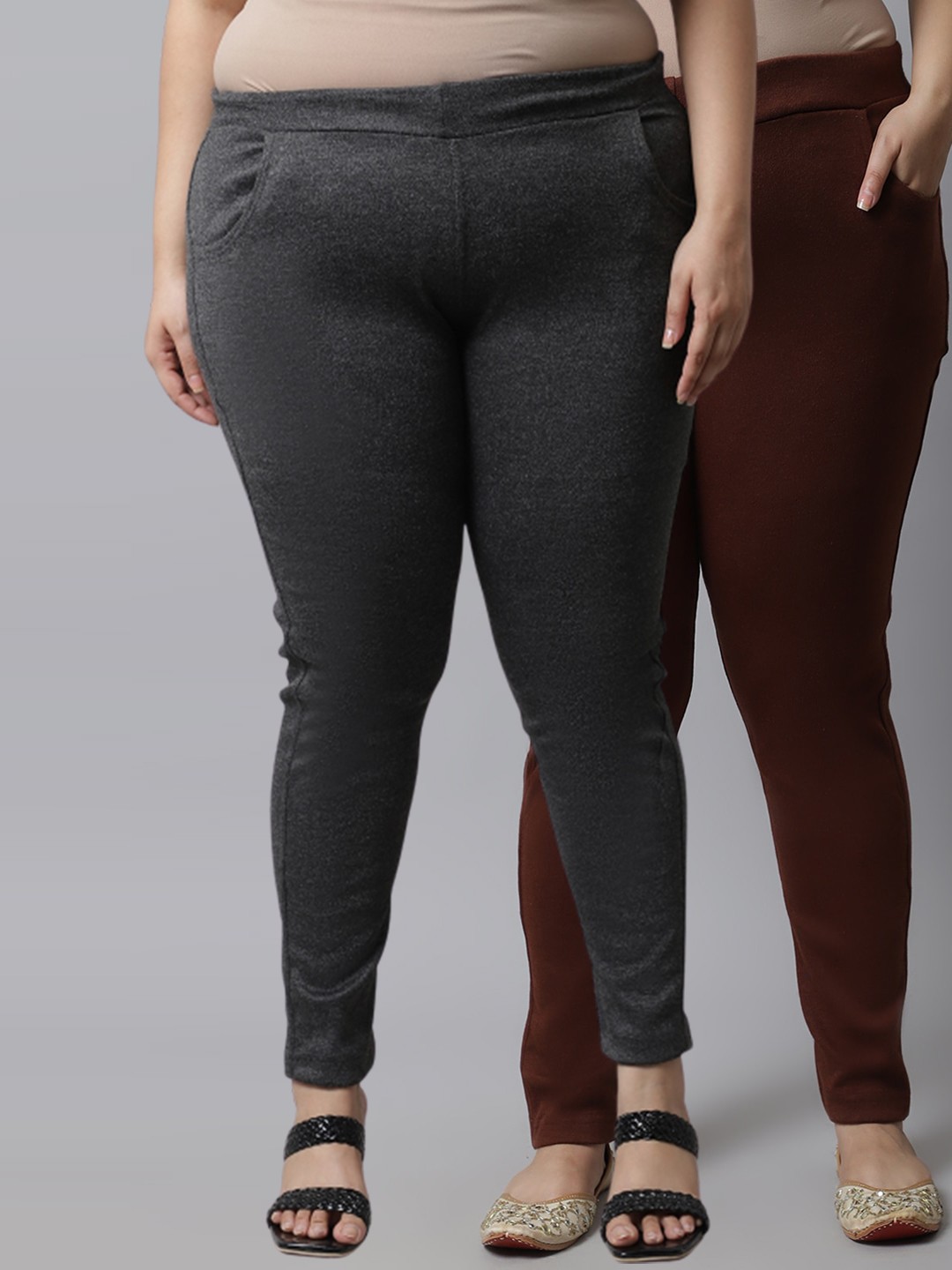 

TAG 7 PLUS Plus Size Women Pack Of 2 Grey & Brown Solid Ankle Length Leggings