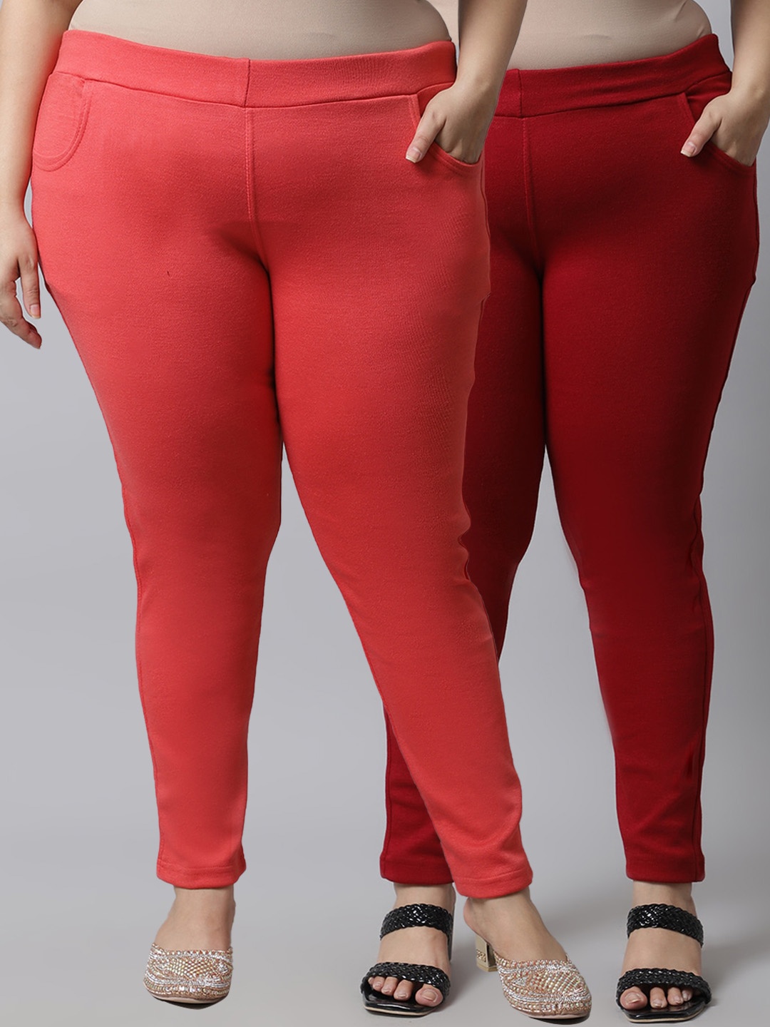 

TAG 7 PLUS Women Pack of 2 Peach & Maroon Solid Ankle-Length Leggings