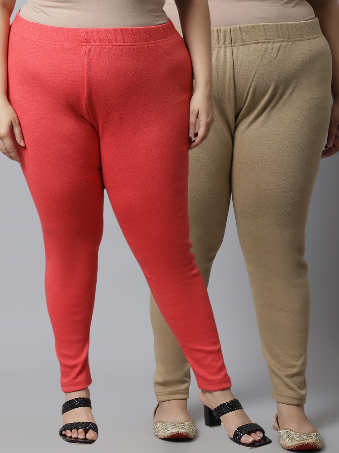 

TAG 7 PLUS Women Plus Size Pack of 2 Solid Woolen Leggings, Peach