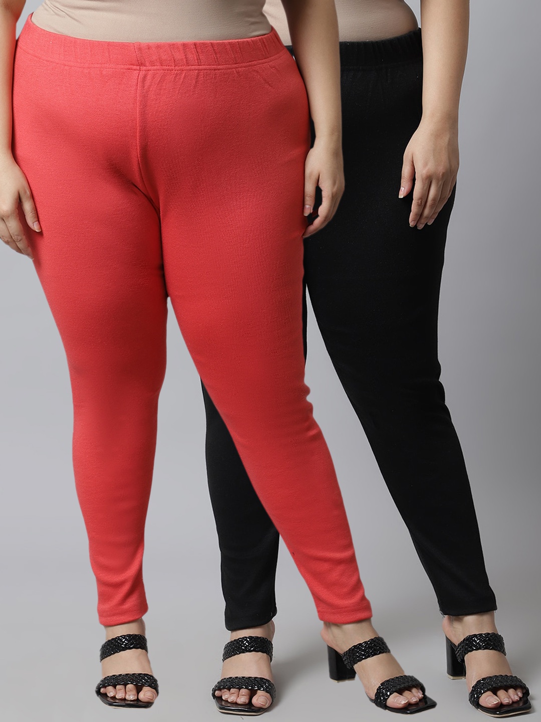 

TAG 7 PLUS Women Plus Size Pack of 2 Solid Ankle-Length Leggings, Peach