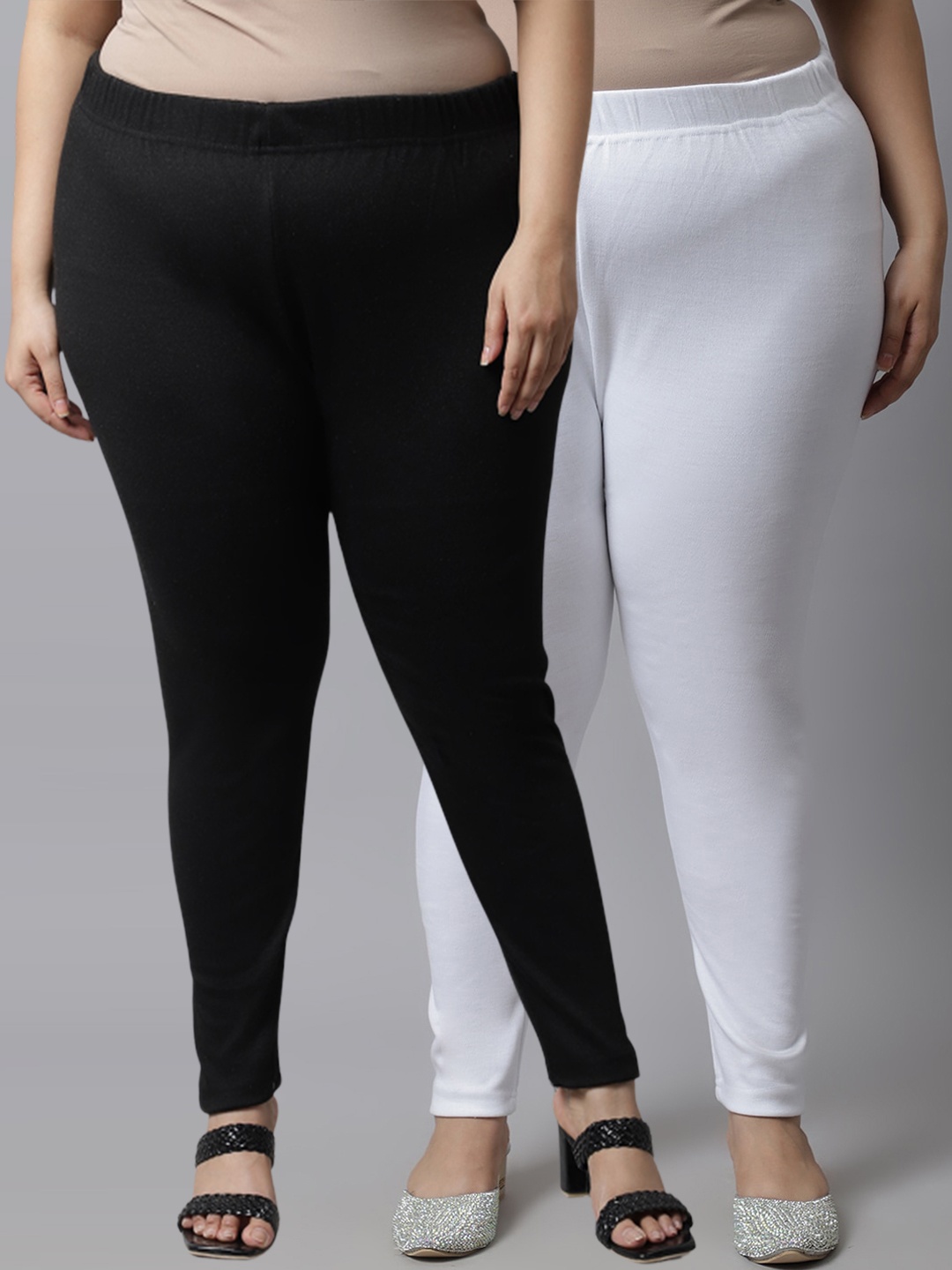 

TAG 7 PLUS Plus Size Women Pack of 2 Black & White Solid Ankle-Length Leggings