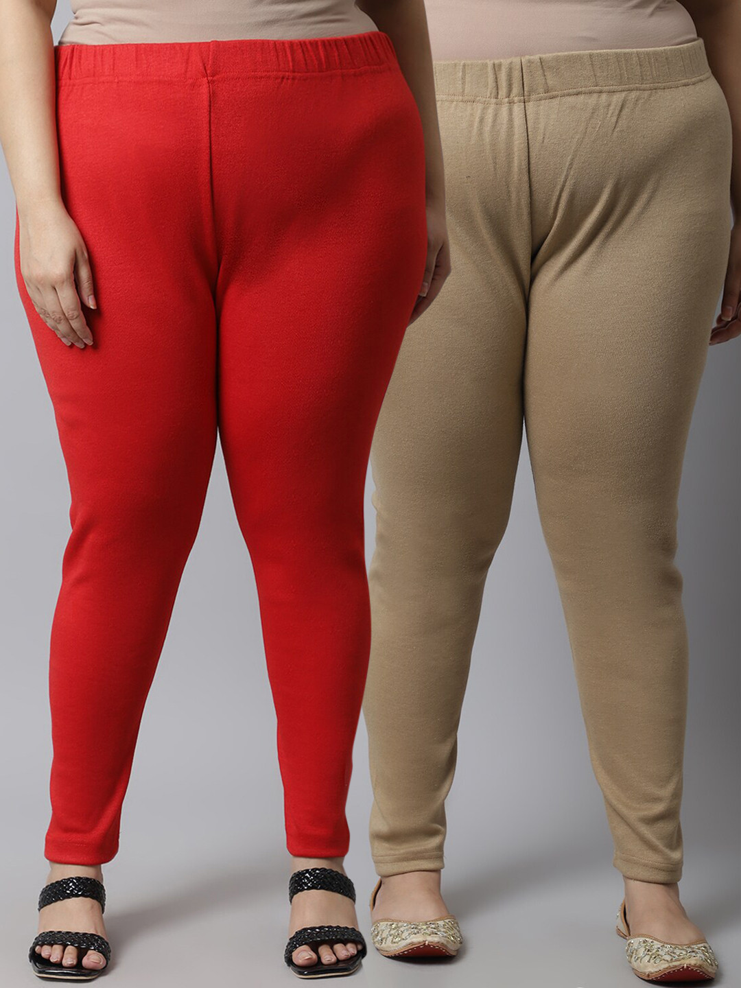 

TAG 7 PLUS Women Plus Size Pack Of 2 Red & Beige Solid Ankle-Length Leggings