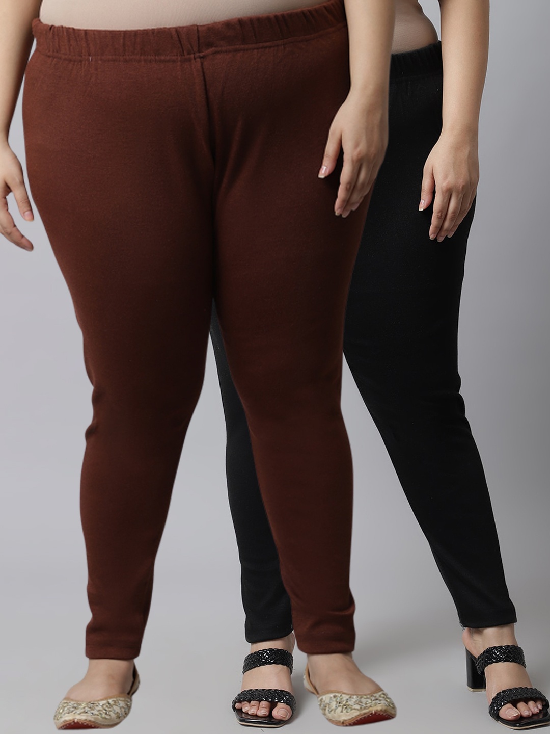 

TAG 7 PLUS Women Plus Size Pack Of 2 Solid Ankle Length Woolen Leggings, Black