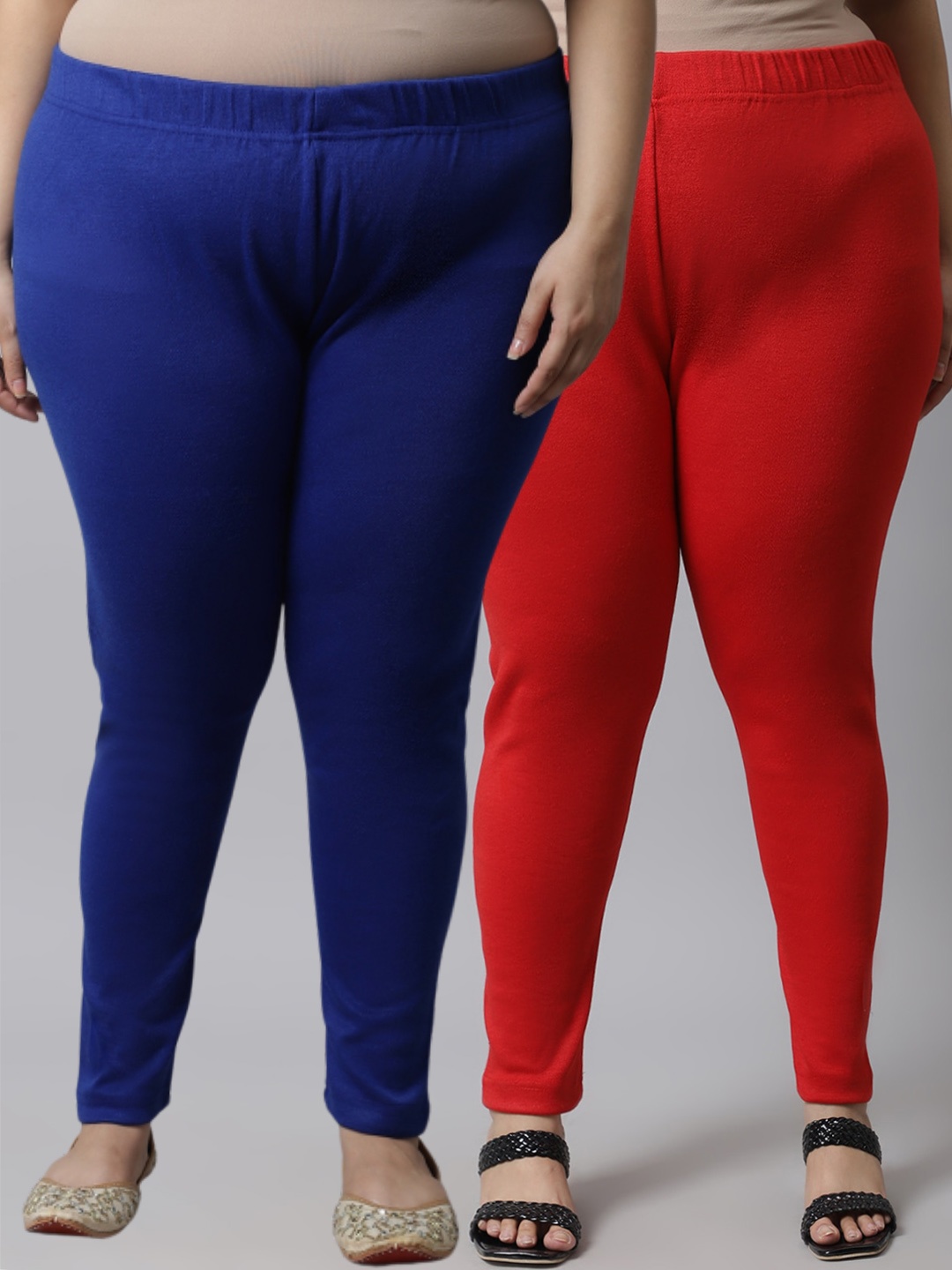 

TAG 7 PLUS Women Plus Size Pack Of 2 Red & Blue Solid Woolen Ankle-Length Leggings