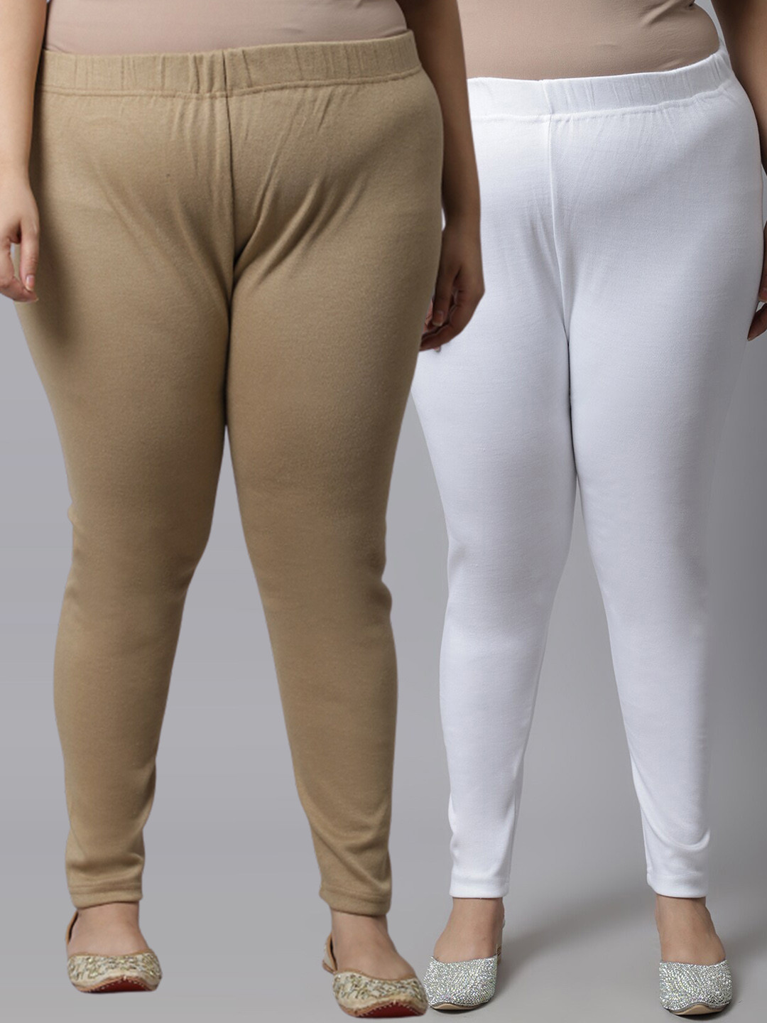 

TAG 7 PLUS Women Plus Size Pack Of 2 Solid Ankle-Length Leggings, Beige