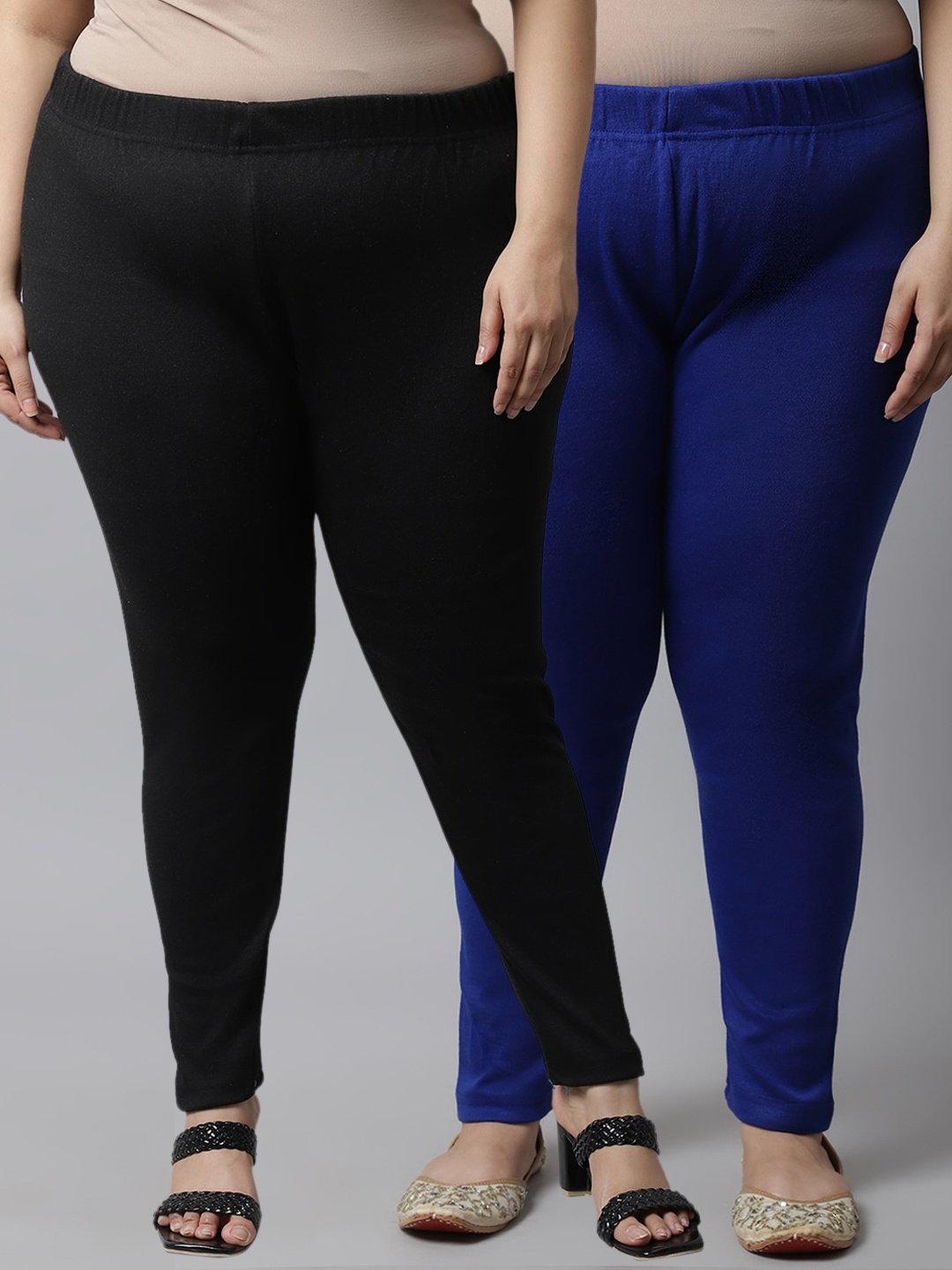 

TAG 7 PLUS Plus Size Women Pack of 2 Black & Blue Solid Ankle-Length Leggings