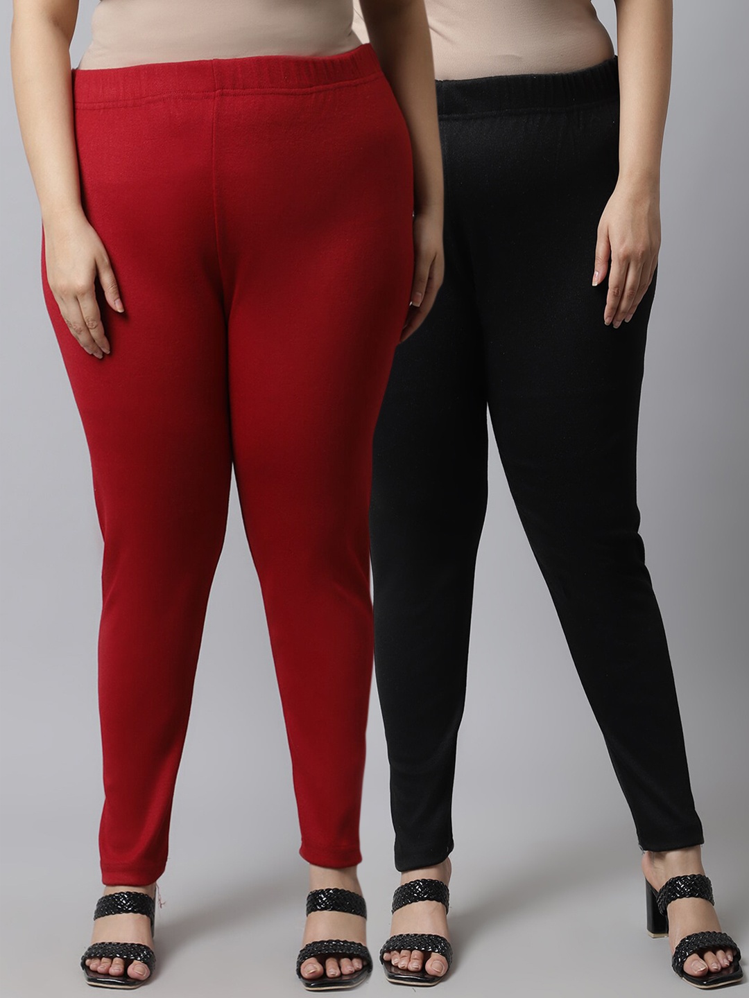 

TAG 7 PLUS Plus Size Women Pack Of 2 Solid Ankle-Length Leggings, Maroon