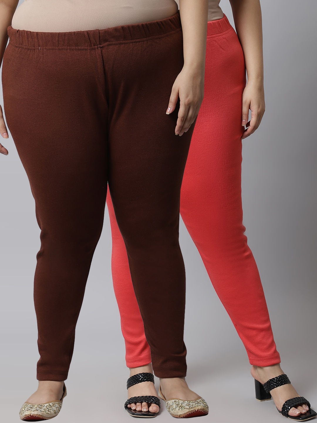 

TAG 7 PLUS Women Plus Size Pack Of 2 Peach & Brown Solid Ankle-Length Leggings