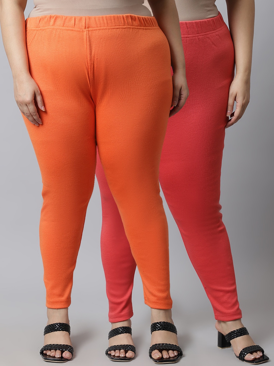 

TAG 7 PLUS Women Plus Size Pack Of 2 Peach & Orange Solid Ankle Length Leggings