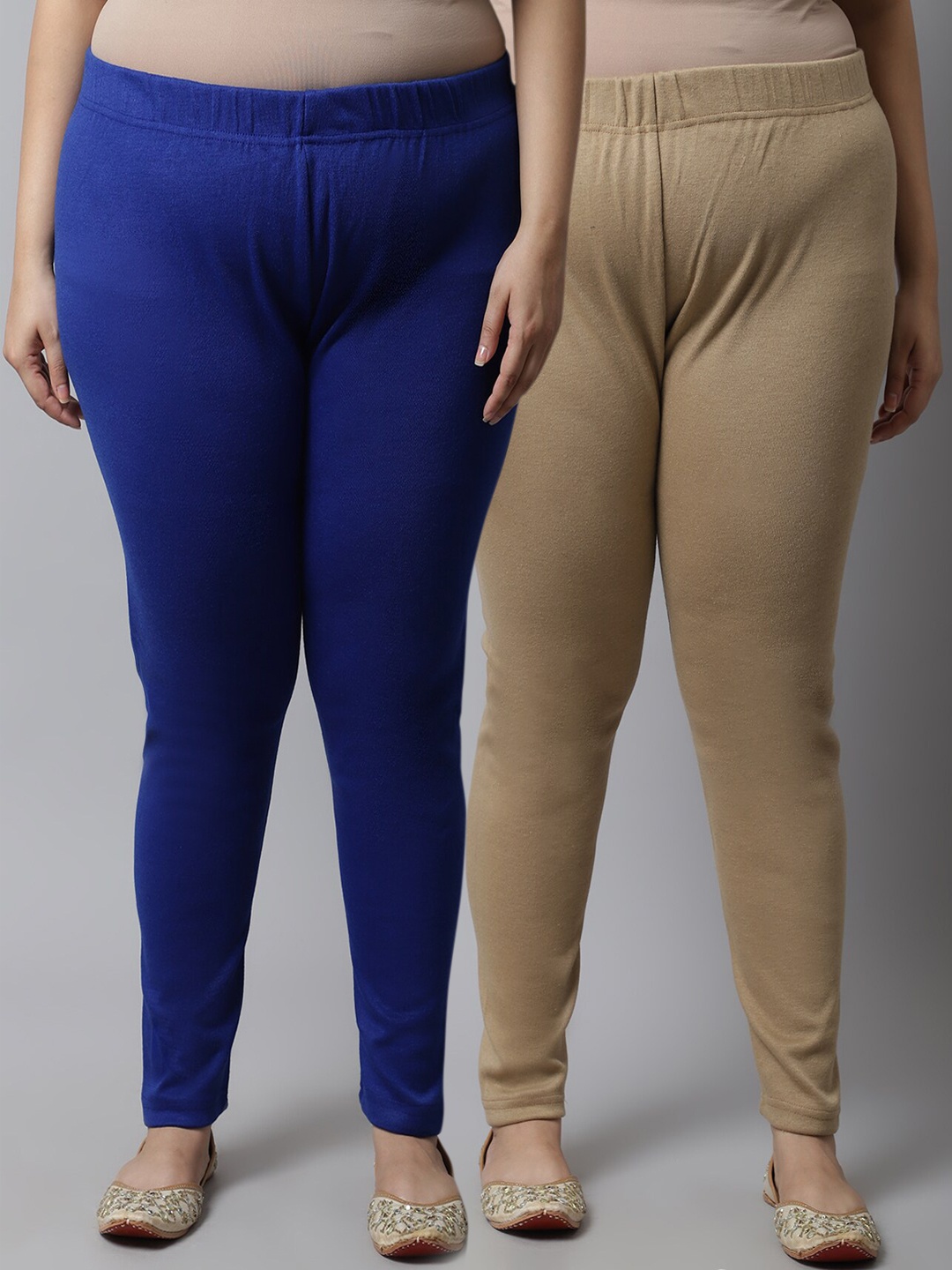 

TAG 7 PLUS Plus Size Women Pack of 2 Beige & Blue Solid Ankle-Length Woolen Leggings