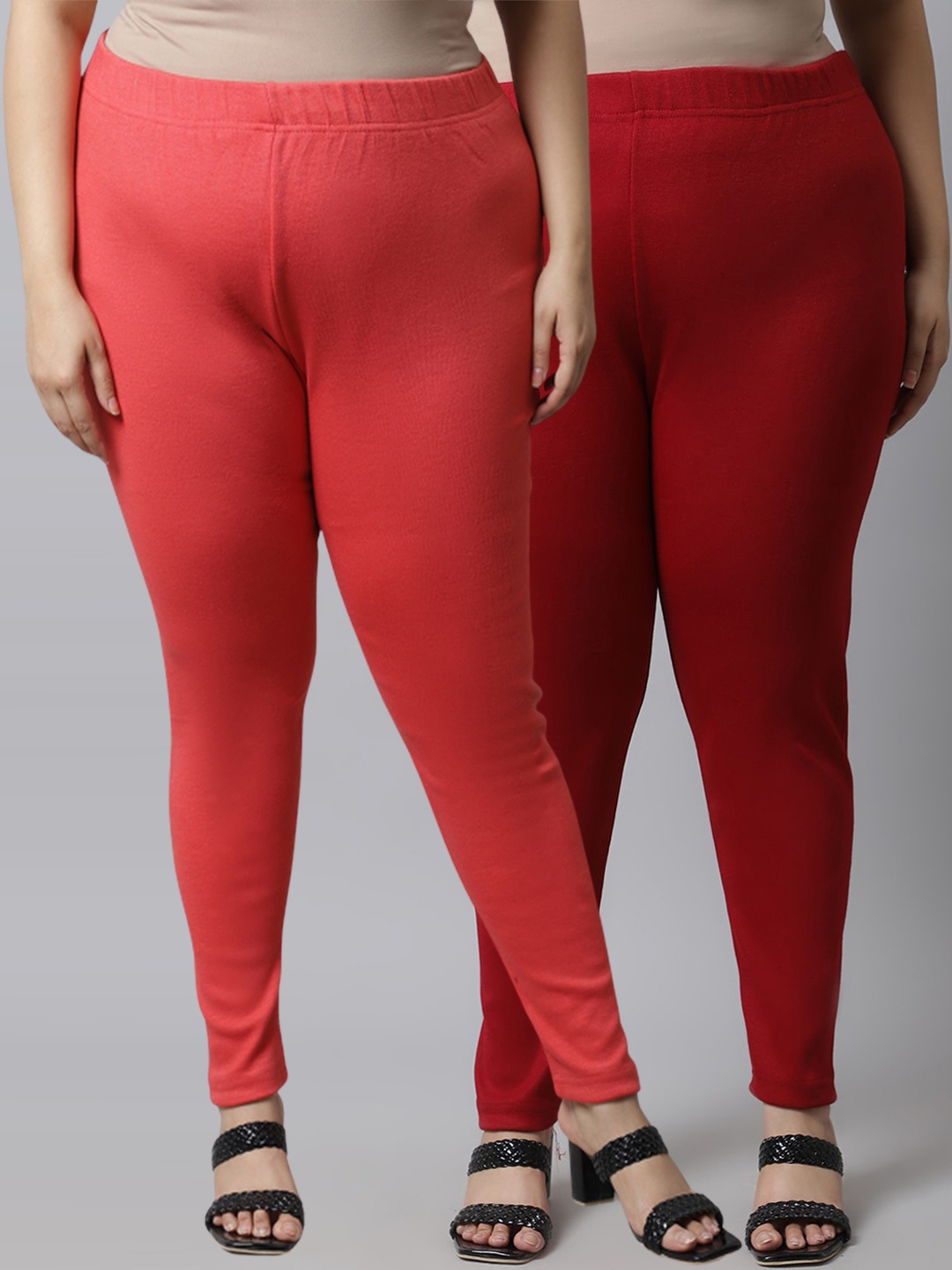 

TAG 7 PLUS Women Plus Size Pack Of 2 Solid Ankle-Length Leggings, Peach