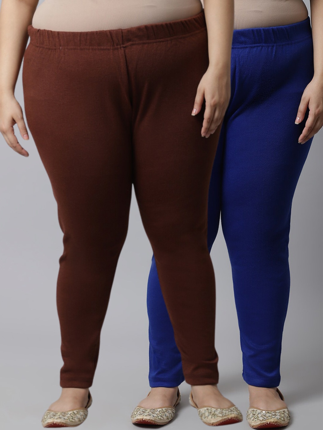 

TAG 7 PLUS Women Plus Size Pack Of 2 Brown & Blue Solid Ankle-Length Leggings