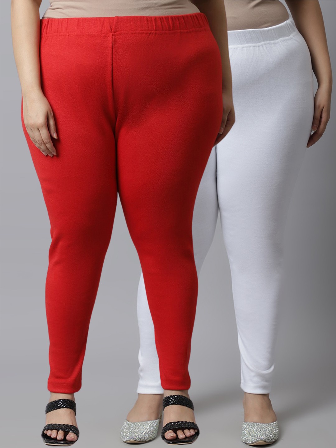 

TAG 7 PLUS Women Plus Size Pack Of 2 White & Red Solid Woolen Leggings