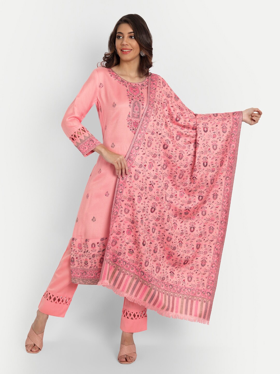 

HK colours of fashion Peach-Coloured & Brown Unstitched Dress Material