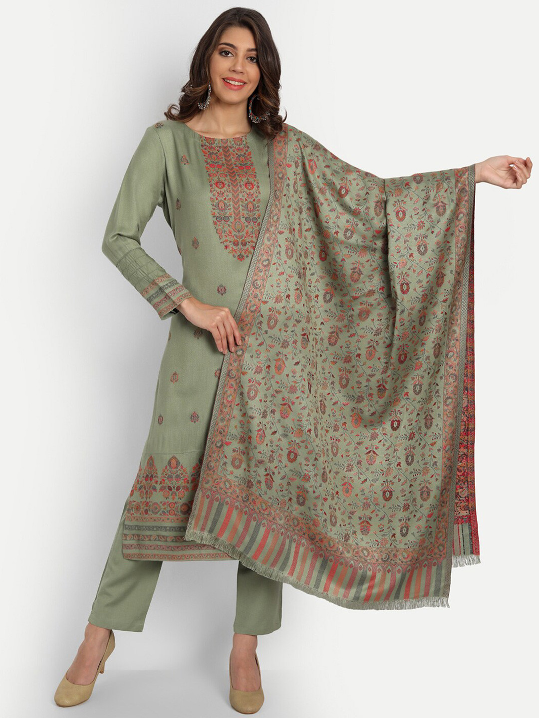 

HK colours of fashion Green & Red Unstitched Dress Material