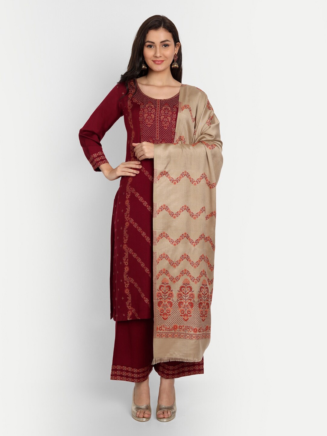 

HK colours of fashion Maroon & Beige Unstitched Dress Material