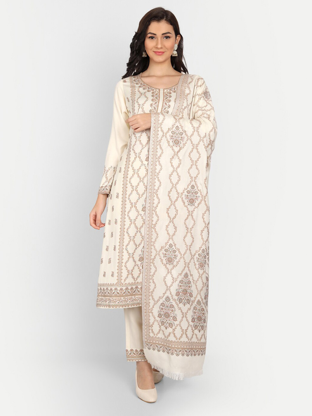

HK colours of fashion Women Off White & Brown Unstitched Dress Material