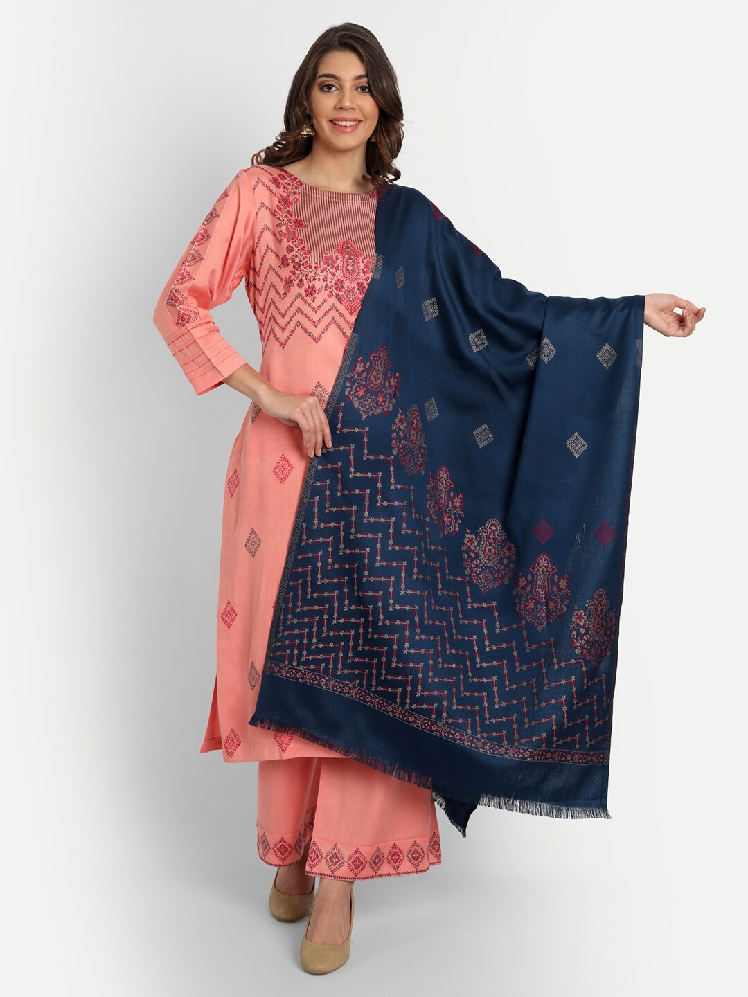 

HK colours of fashion Women Peach-Coloured & Navy Blue Unstitched Dress Material