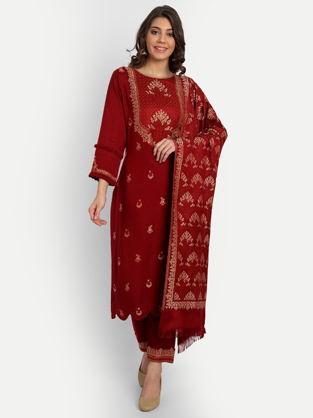 

HK colours of fashion Maroon & Gold-Toned Unstitched Dress Material