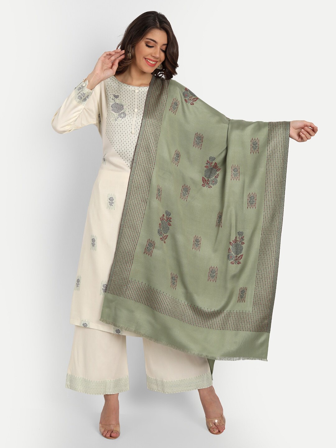 

HK colours of fashion Off White & Green Unstitched Dress Material