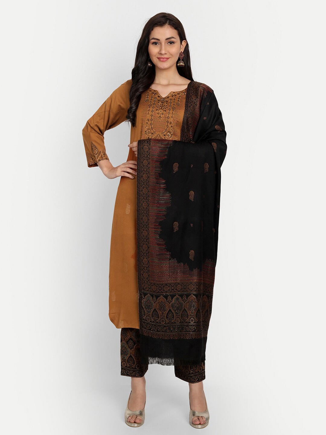

HK colours of fashion Mustard Yellow And Black Unstitched Dress Material