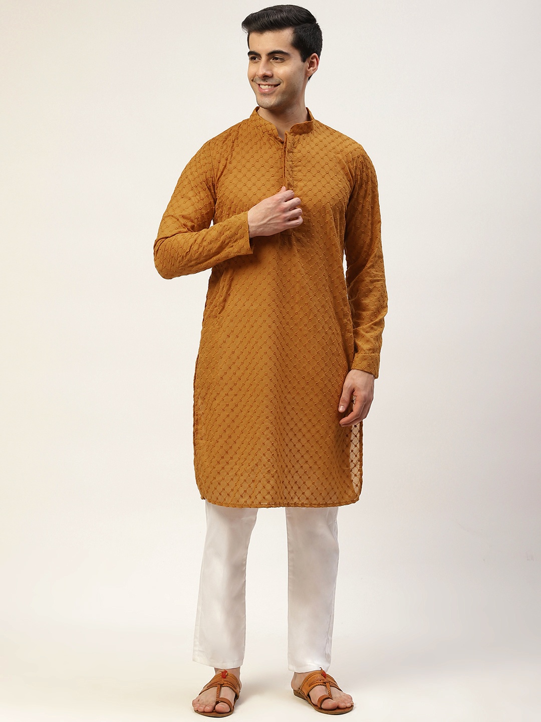 

Molly & Michel Men Rust Orange Embroidered Chikankari Pure Cotton Kurta with Pyjamas
